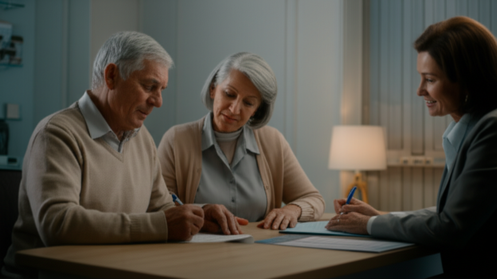 Photo of older adults signing life insurance forms at a banker’s desk, visibly reassured.
