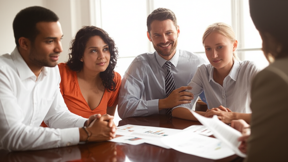 Photo of a family discussing term life policy options with an agent at a table.