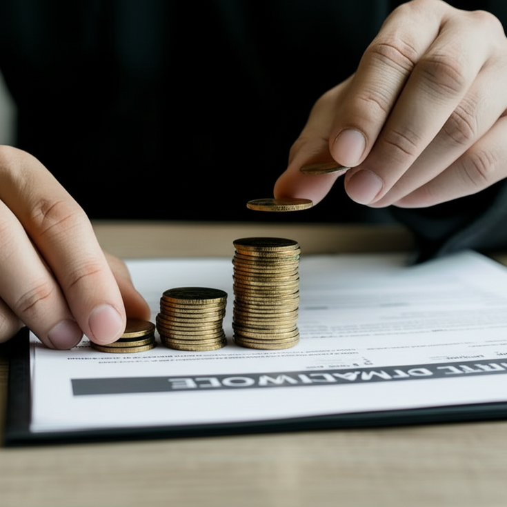 Photo of hands stacking coins beside a whole life insurance policy document.