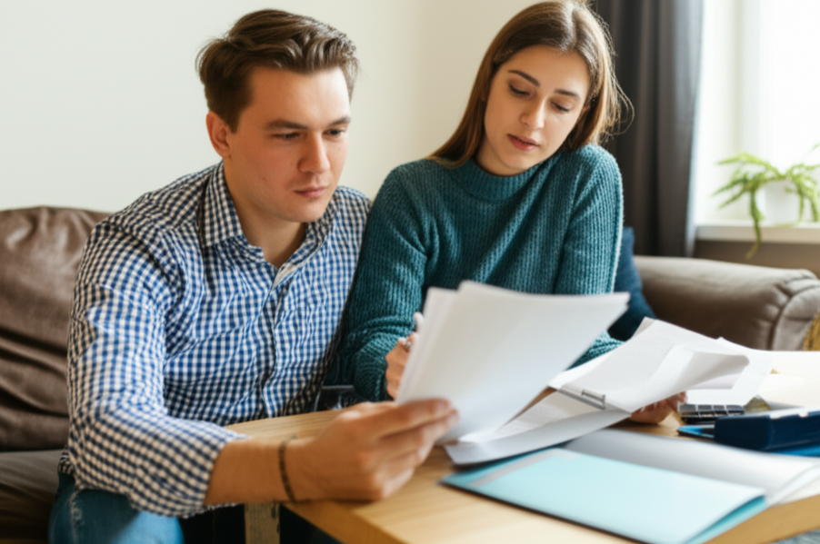 Photo of a young couple reviewing insurance paperwork in their first apartment.