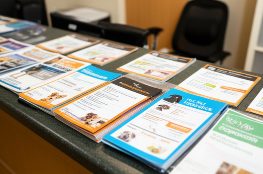 Rows of pet insurance brochures and price sheets at a vet’s front desk