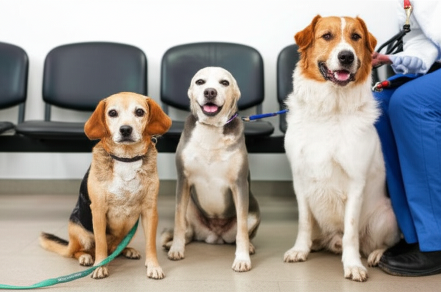 Three smiling dogs at a vet clinic, showing the range of breeds affecting policy cost