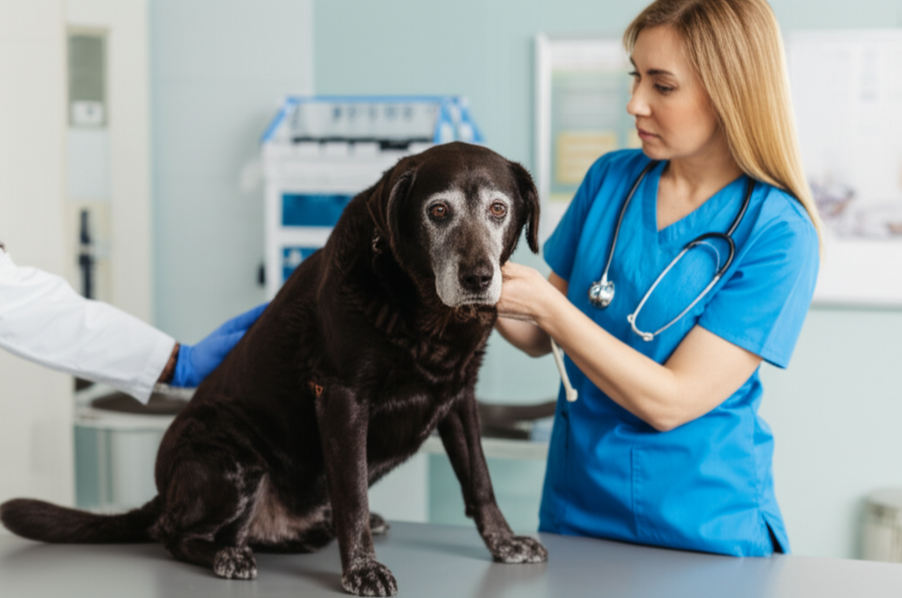 A senior Labrador getting examined by a veterinarian in a caring clinic setting