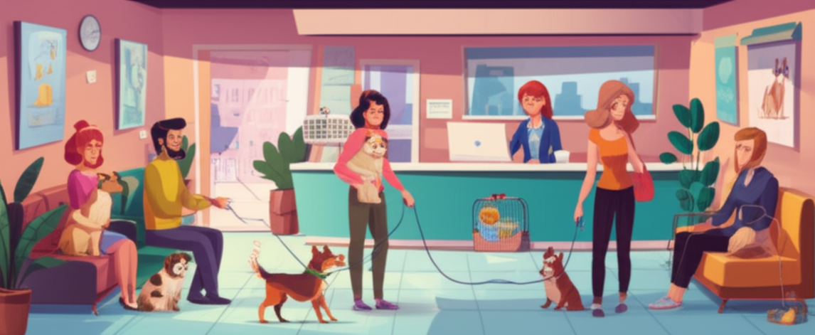 A busy urban veterinary office with pets and owners waiting for care