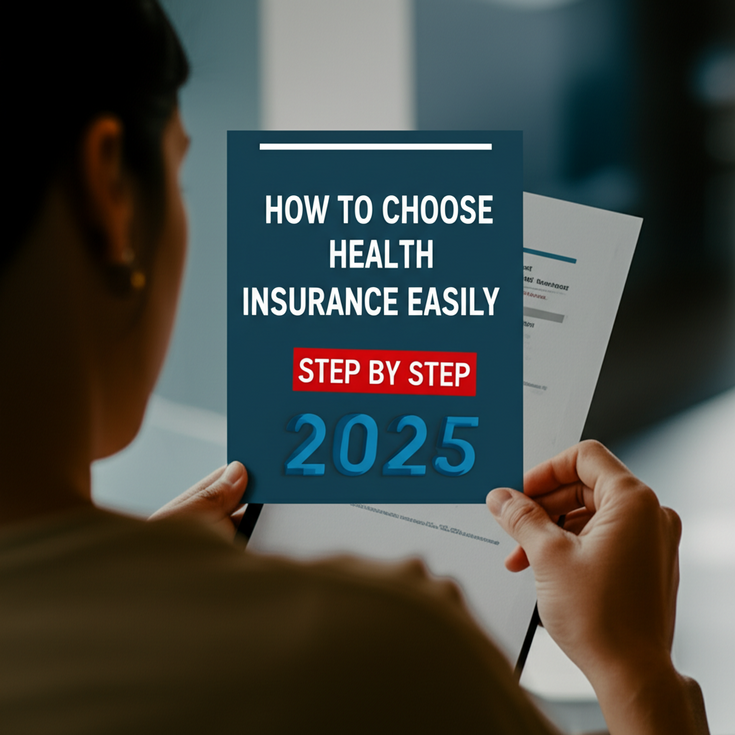 feature image for the blog with the blog title included. Title: How to Choose Health Insurance Easily Step by Step in 2025. Ensure the text is accurate and error-free
