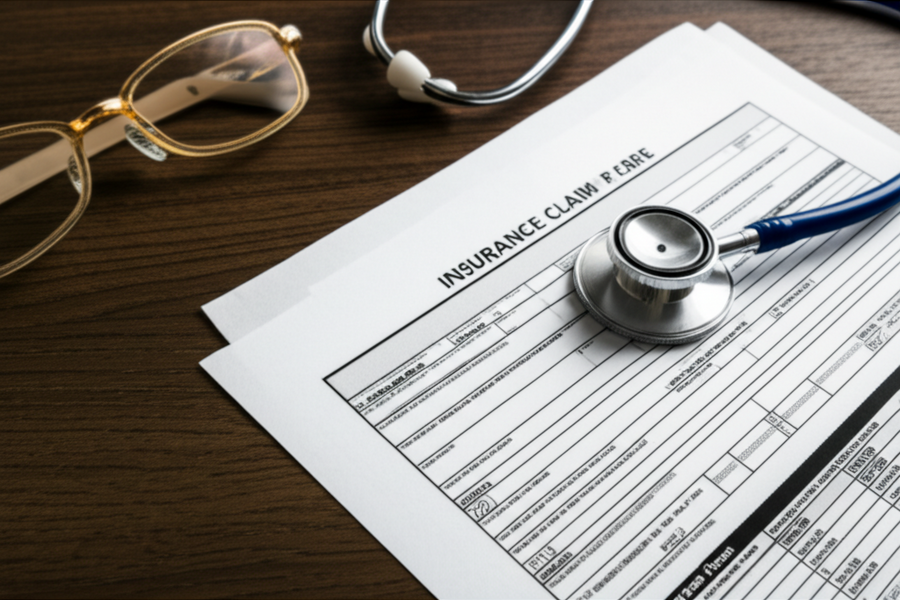 Photo of a stethoscope, glasses, and insurance forms on a doctor's desk