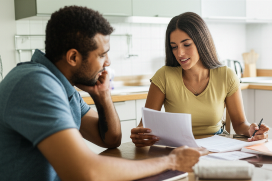 Photo: A couple sitting at a kitchen table reviewing healthcare bills together
