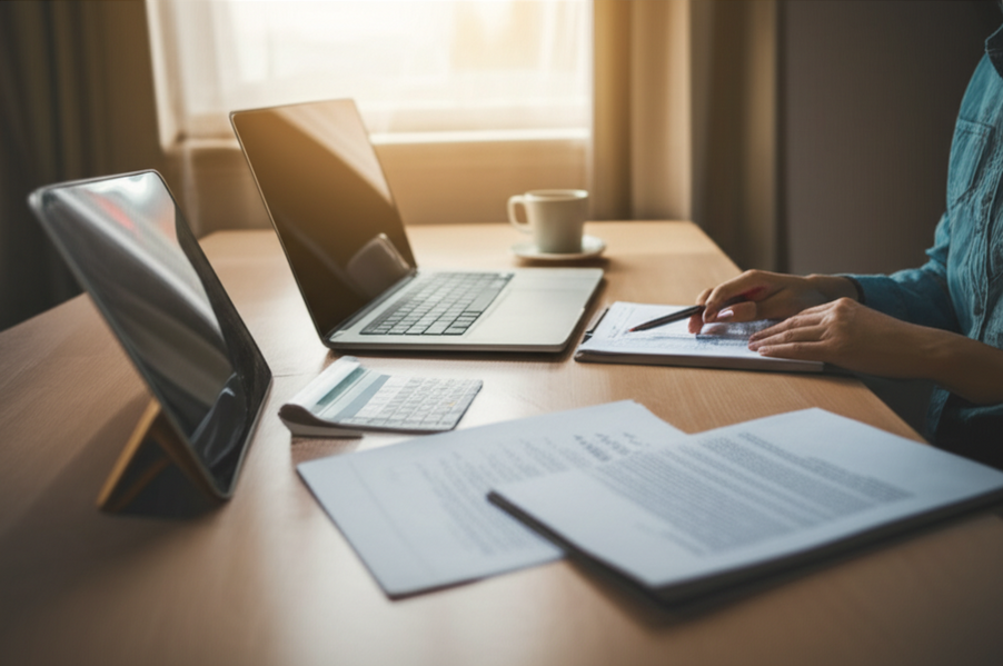 Photo of a person reviewing insurance documents at home with a laptop