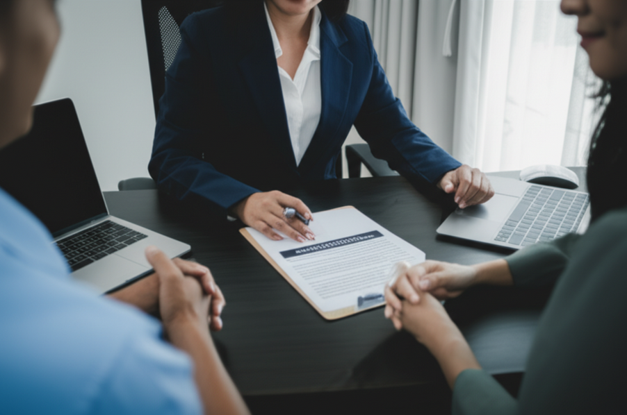 Photo: A health insurance agent meeting face-to-face with a client at an office desk