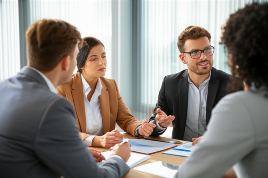 A group of business people meeting with a health insurance consultant in a modern office