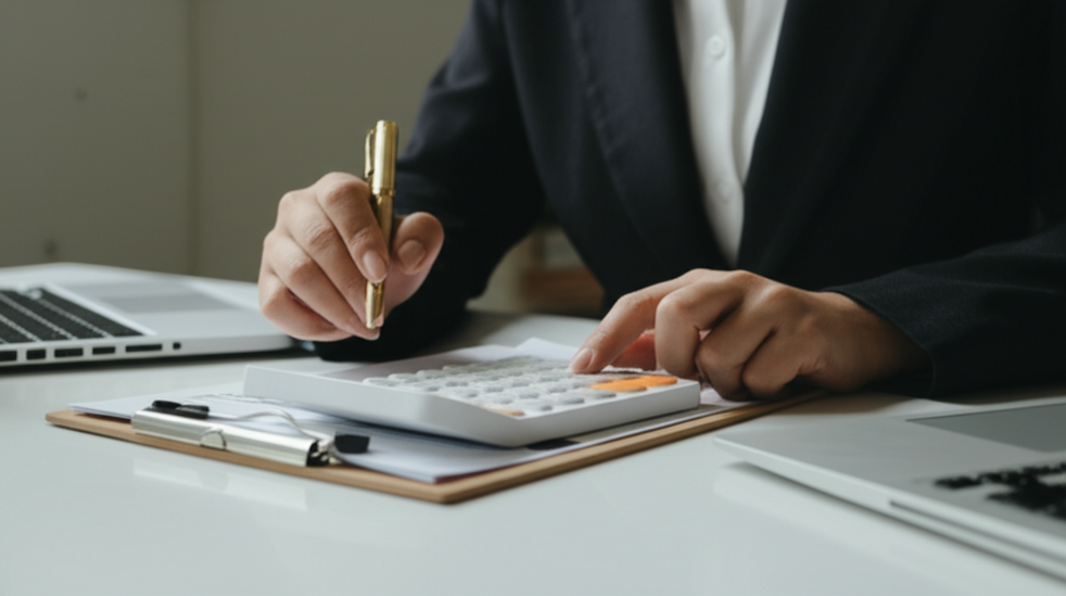 A closeup of a business owner calculating healthcare claim costs with paperwork and a laptop