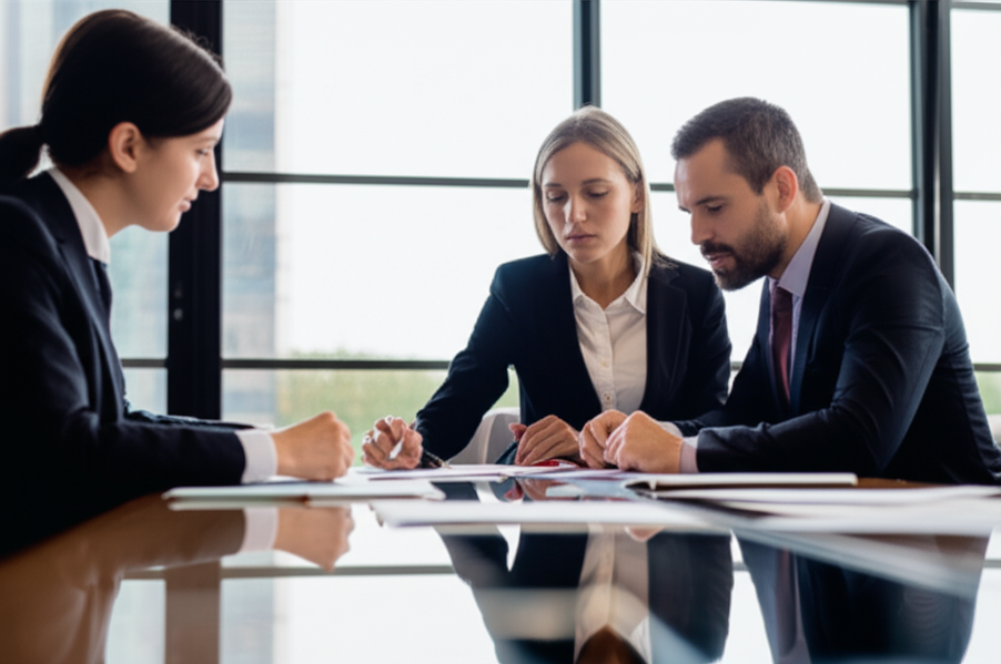 Insurance agents and business owners reviewing compliance checklists and plan options on a conference table
